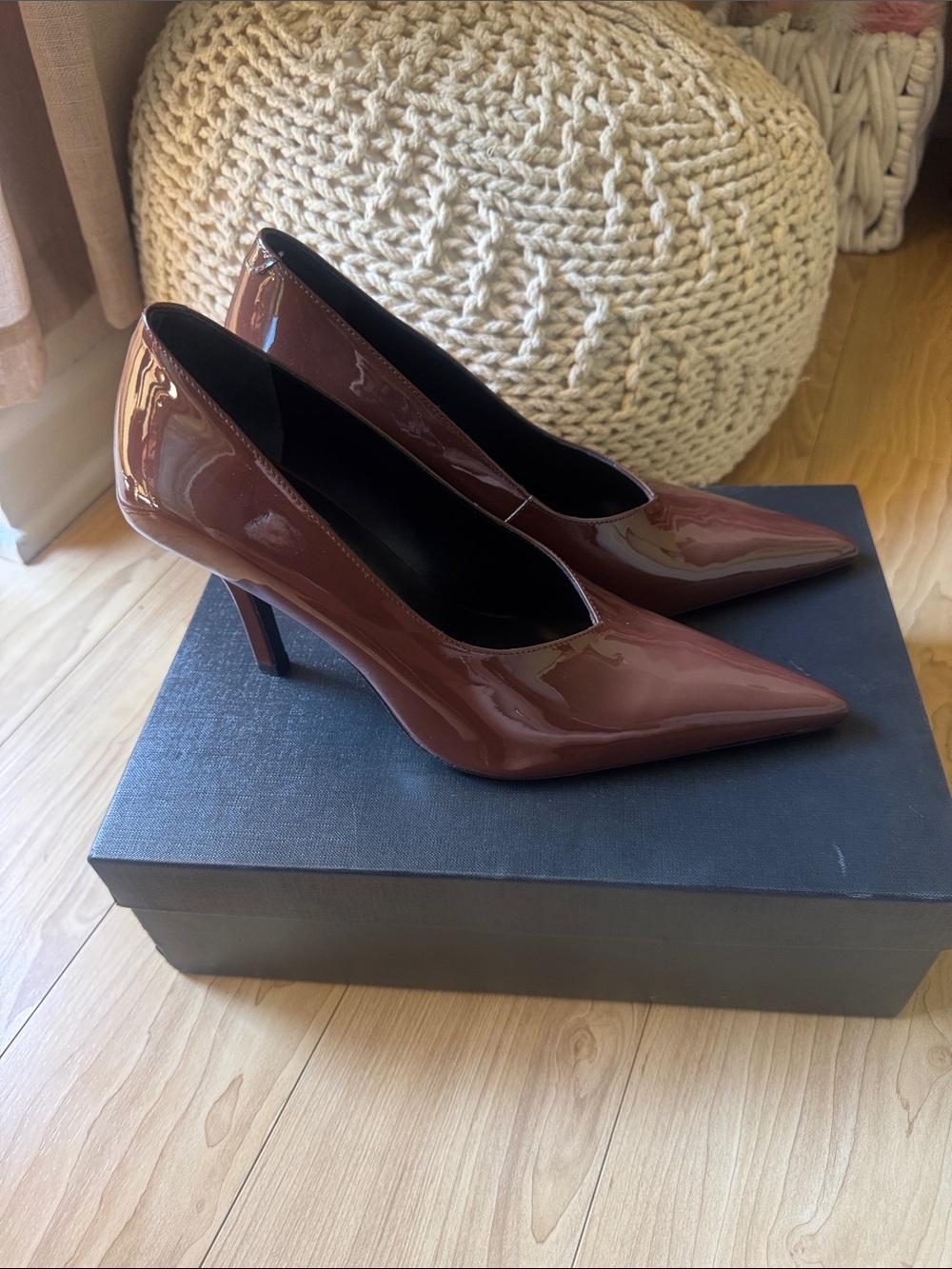 Patrizia Pepe Glossy Pointed-Toe Stiletto Pumps in Brown